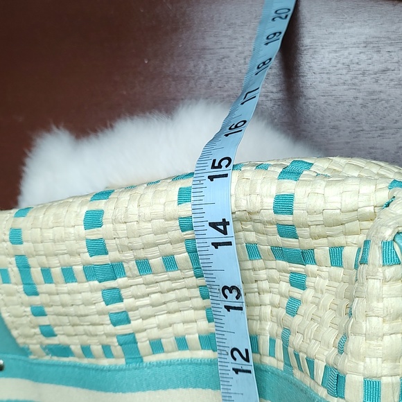 Vintage Tommy Hilfiger Straw & Cloth Handbag Turquoise Blue and Soft Tan - Picture 14 of 16